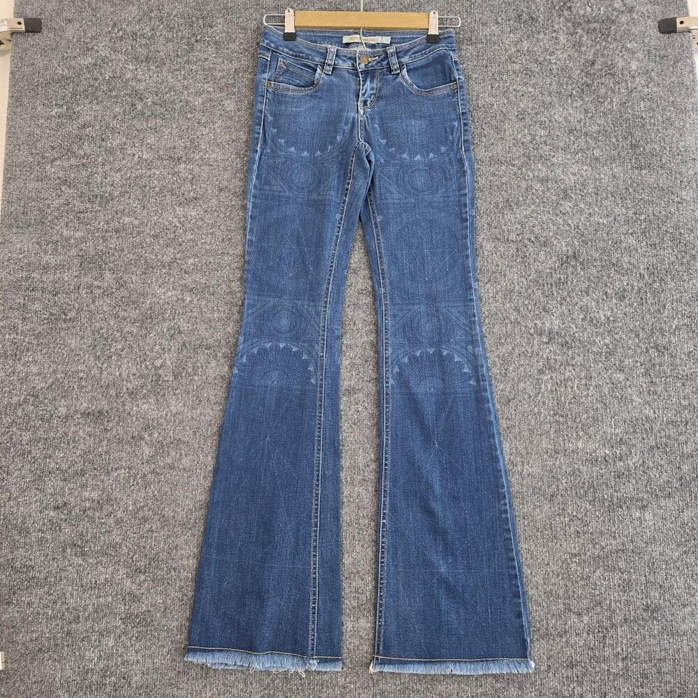 Silvia Tcherassi Jeans 27 Flare Low Rise Geometric Blue Fringe Hem Indie Boho